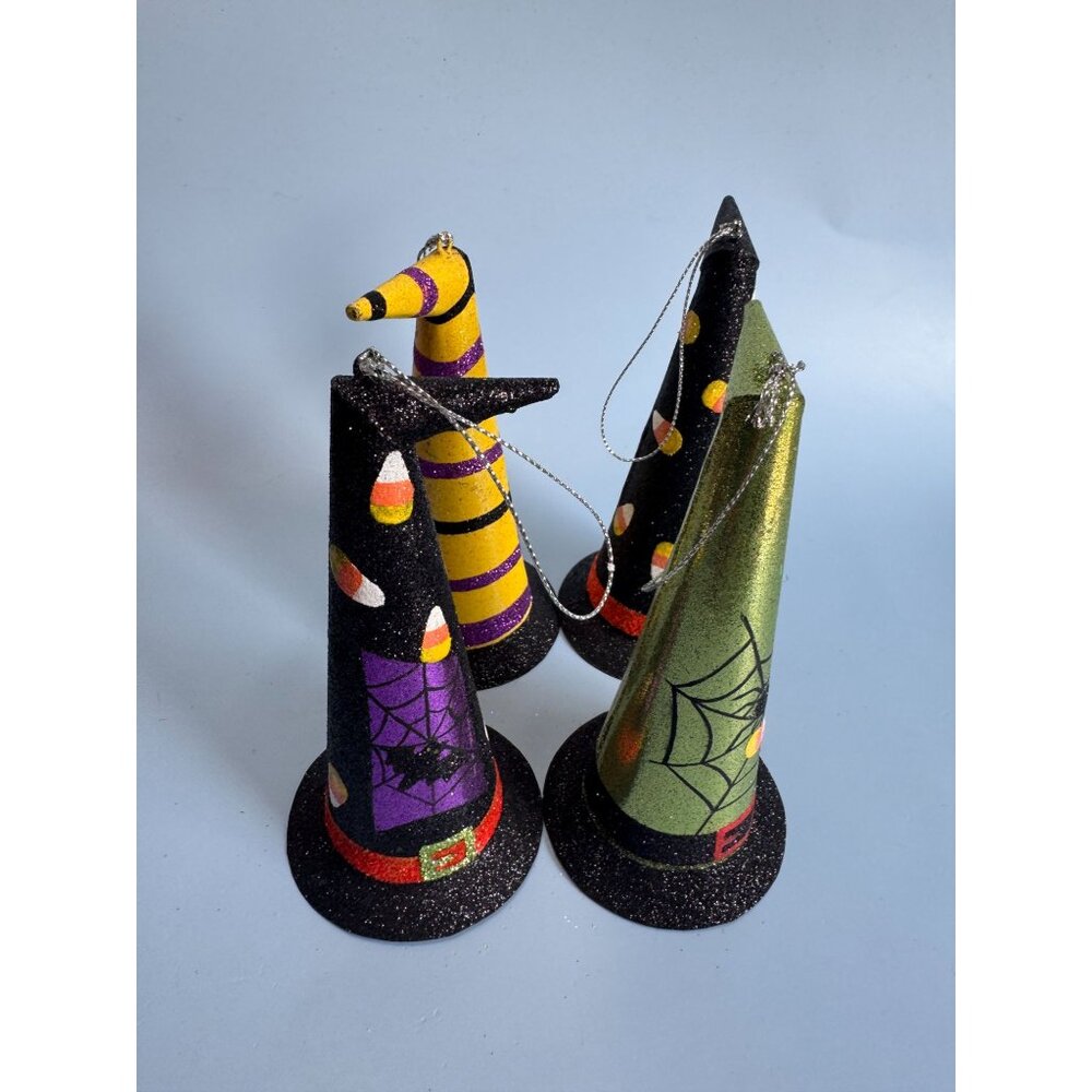4 Witches Hat Halloween Metal Ornaments 6" With Glitter & Festive Designs - Picture 3 of 7